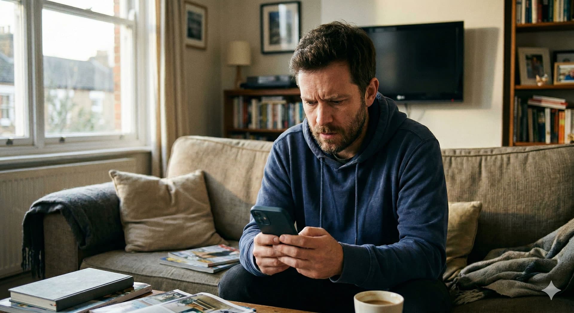 Nachdenklicher Mann mit blauem Hoodie sitzt auf dem Sofa und blickt auf sein Smartphone.