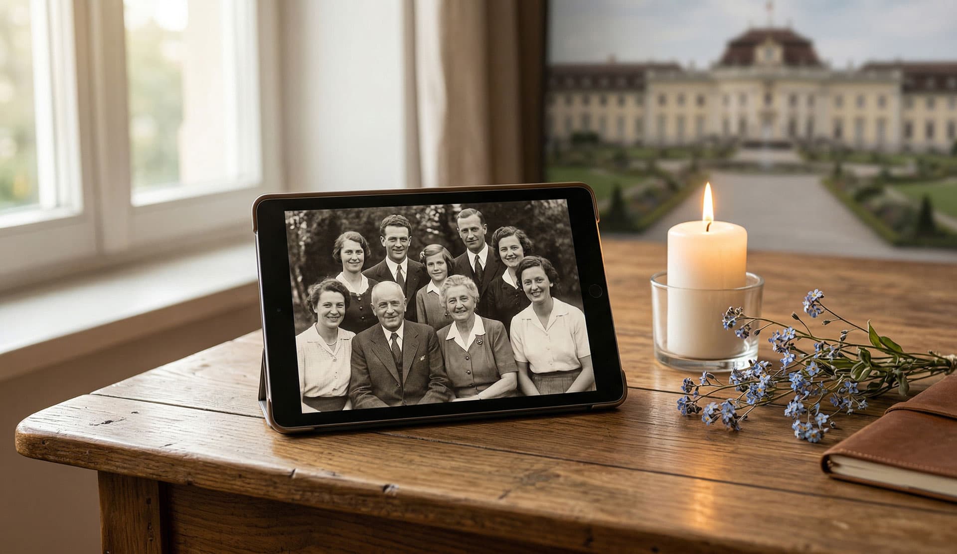 Tablet zeigt historisches Familienfoto auf Holztisch, daneben Kerze und Vergissmeinnicht-Blüten.