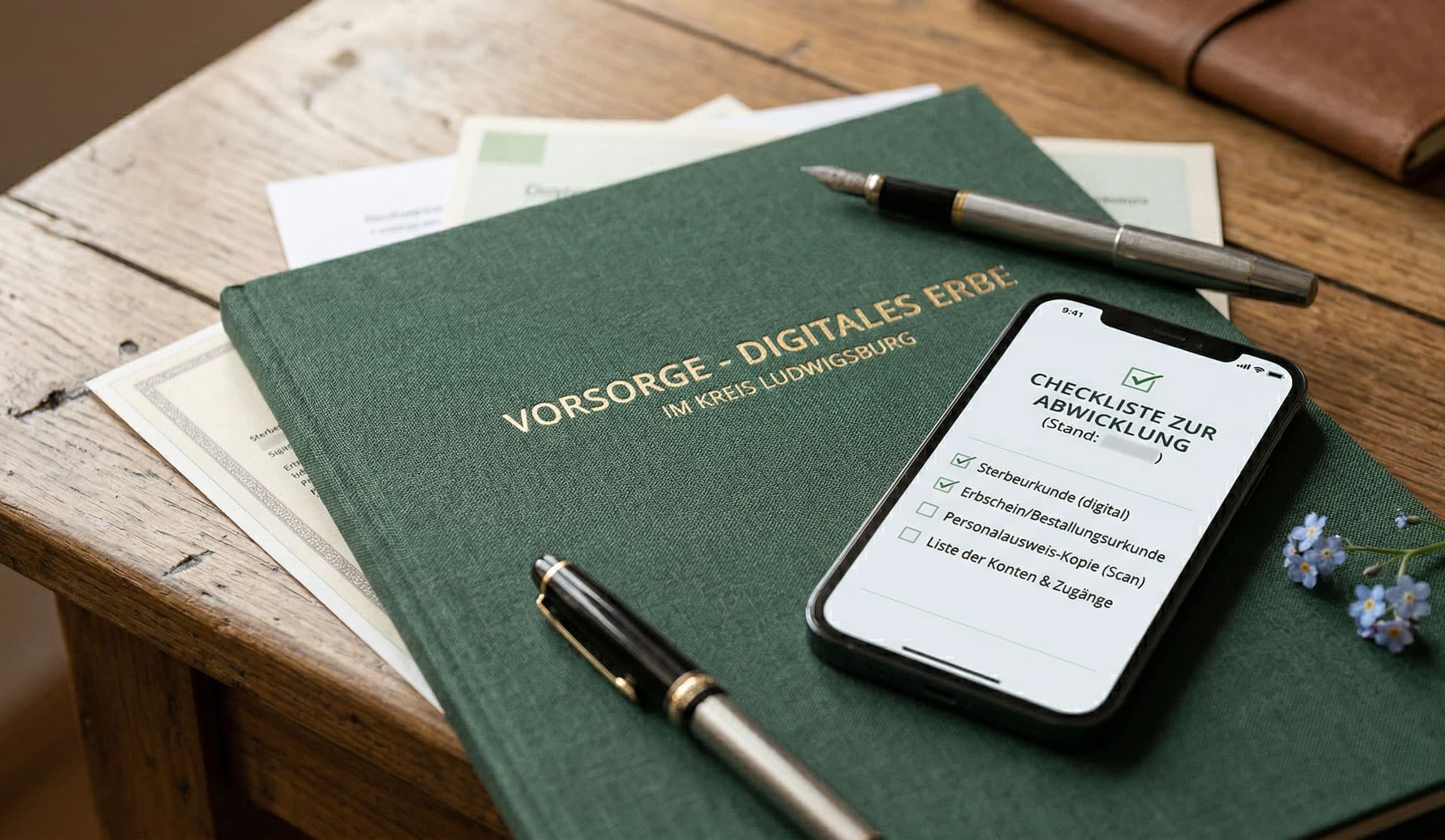 Grünes Buch "Vorsorge – Digitales Erbe" mit Smartphone-Checkliste, Füllfederhaltern und Dokumenten auf Holztisch.