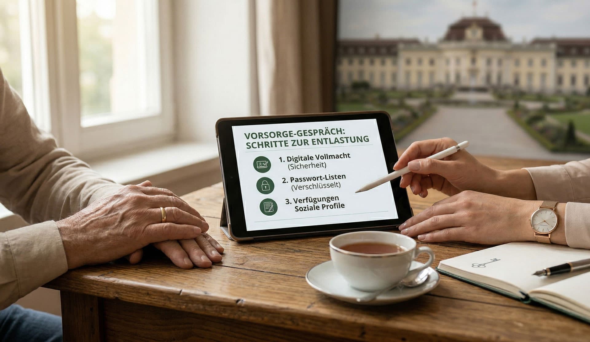 Beratungsgespräch am Tisch mit Tablet, das Schritte zum digitalen Nachlass zeigt, im Hintergrund Schloss Ludwigsburg.