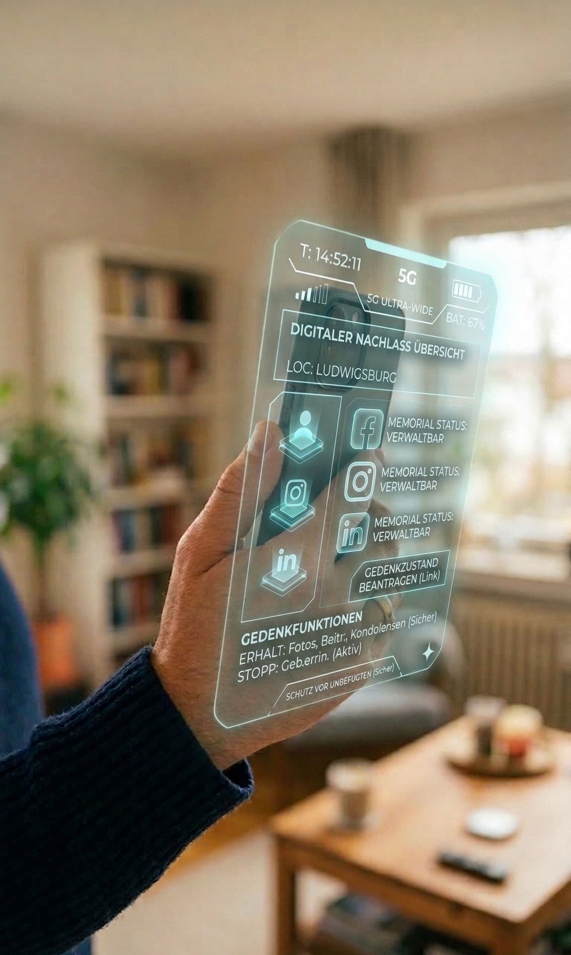 Hand hält transparentes Display mit holografischer Übersicht zum digitalen Nachlass und Gedenkfunktionen sozialer Konten.