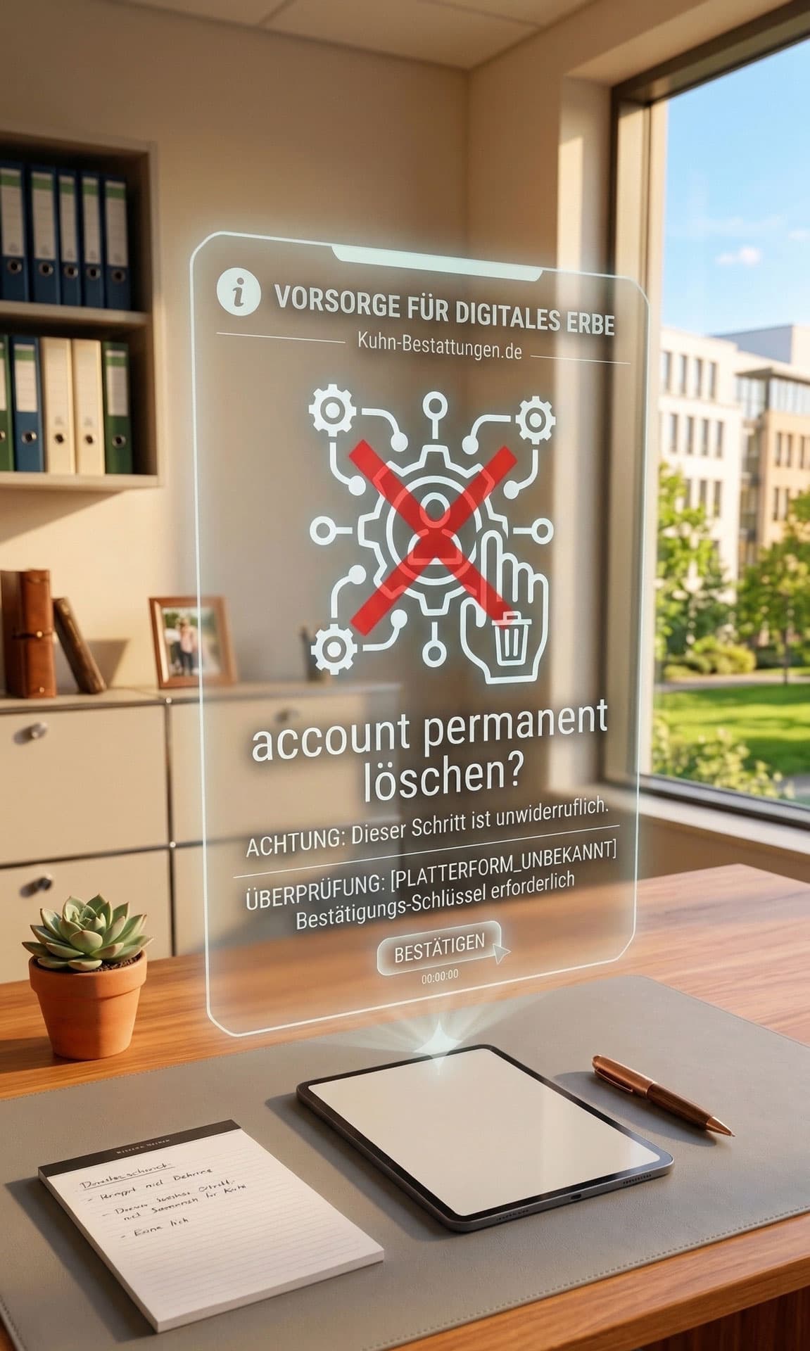 Transparentes Hologramm über Tablet auf Schreibtisch zeigt Hinweis zum Löschen eines Online-Accounts als Teil der digitalen Nachlassvorsorge.