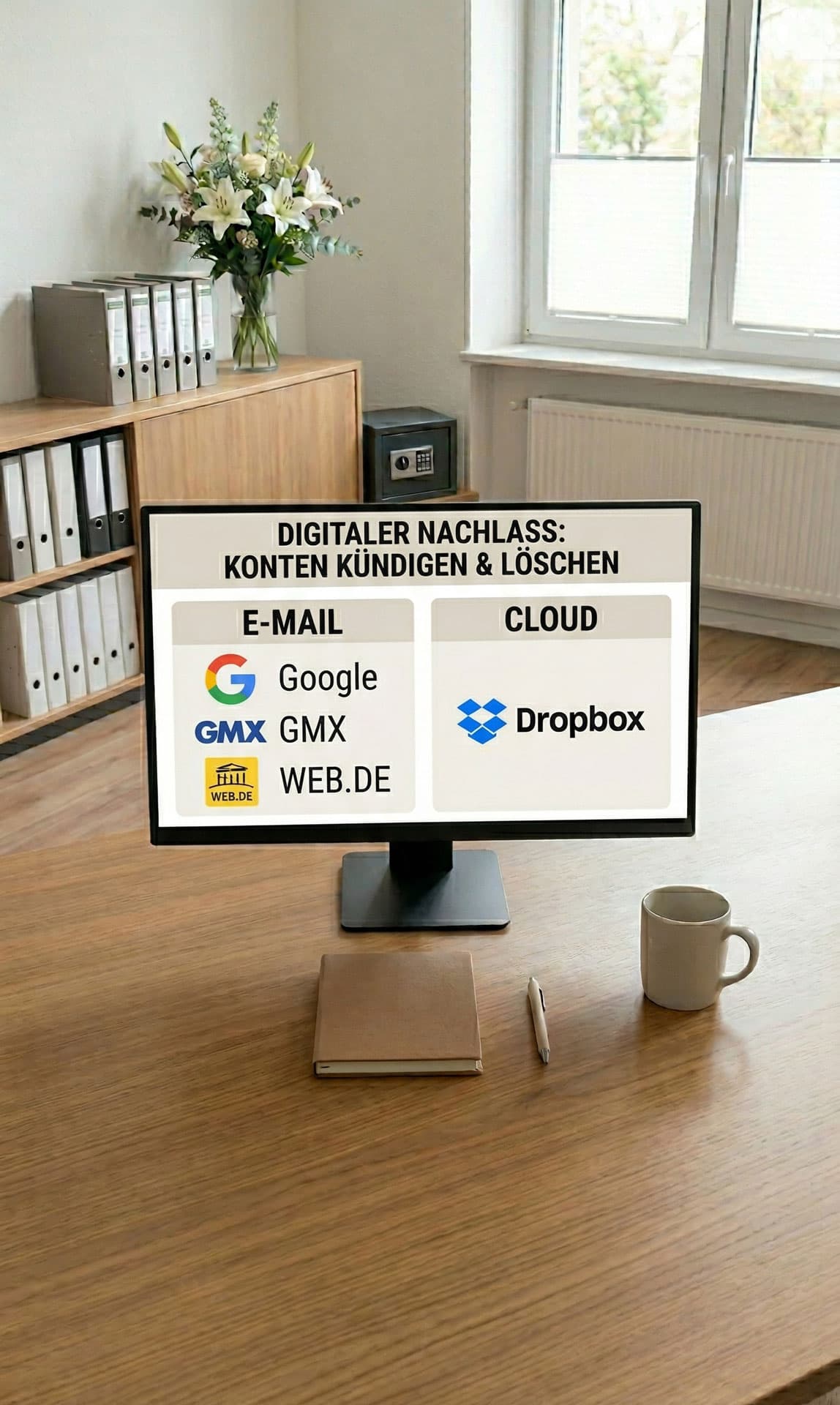 Monitor auf Schreibtisch zeigt digitalen Nachlass: E-Mail-Konten Google, GMX, WEB.DE und Cloud-Dienst Dropbox kündigen und löschen.