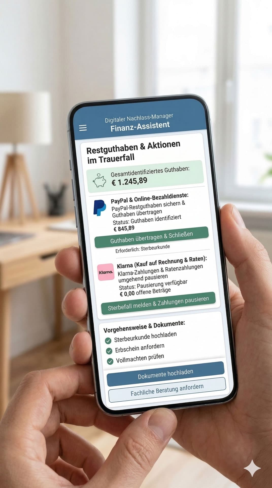 Hände halten ein Smartphone mit der App Digitaler Nachlass-Manager und Finanzübersicht im Trauerfall.