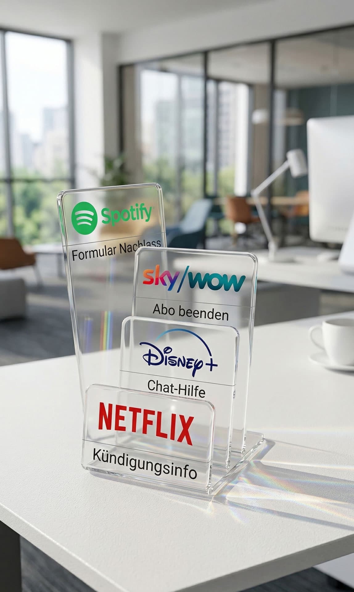 Acryl-Aufsteller mit Logos von Spotify, Sky/WOW, Disney+ und Netflix samt Hinweisen zur Kündigung von Abos