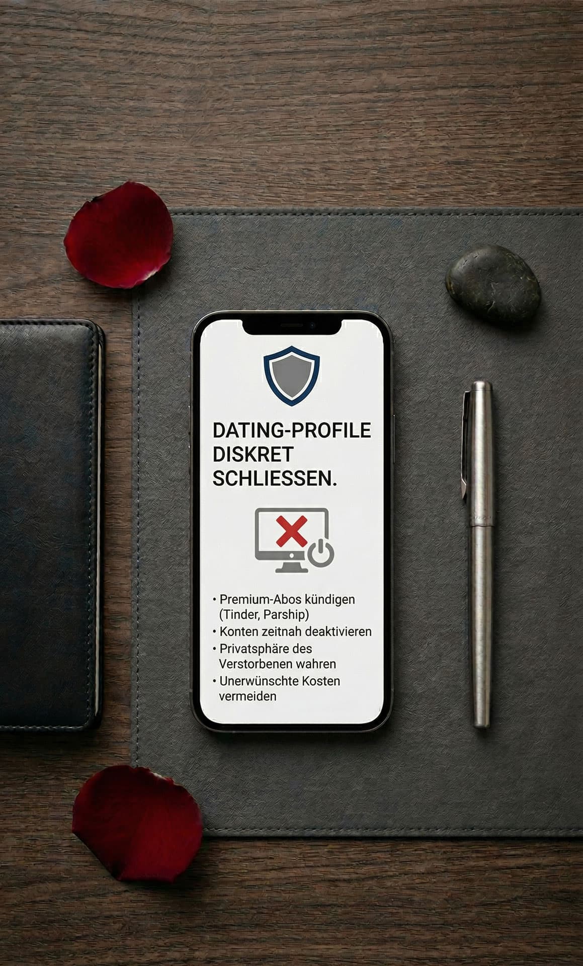 Smartphone auf dunkler Schreibunterlage mit Schutzschild-Symbol und Text „Dating-Profile diskret schließen“, daneben Füller, Stein und Rosenblätter.