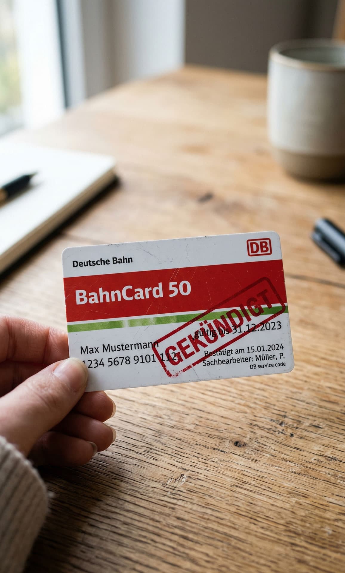 Hand hält eine BahnCard 50 mit rotem Stempel „Gekündigt" über einem Holztisch