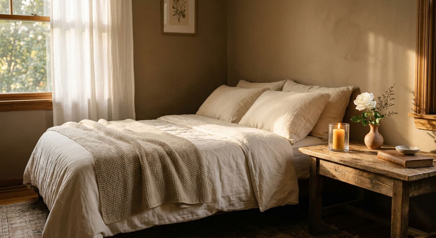 Nahaufnahme einer friedlichen Schlafzimmerecke bei warmem Sonnenlicht, mit einem ordentlich gemachten Bett mit Leinenbettwäsche, einem rustikalen Holznachttisch, einer brennenden Kerze und einer einzelnen weißen Rose.