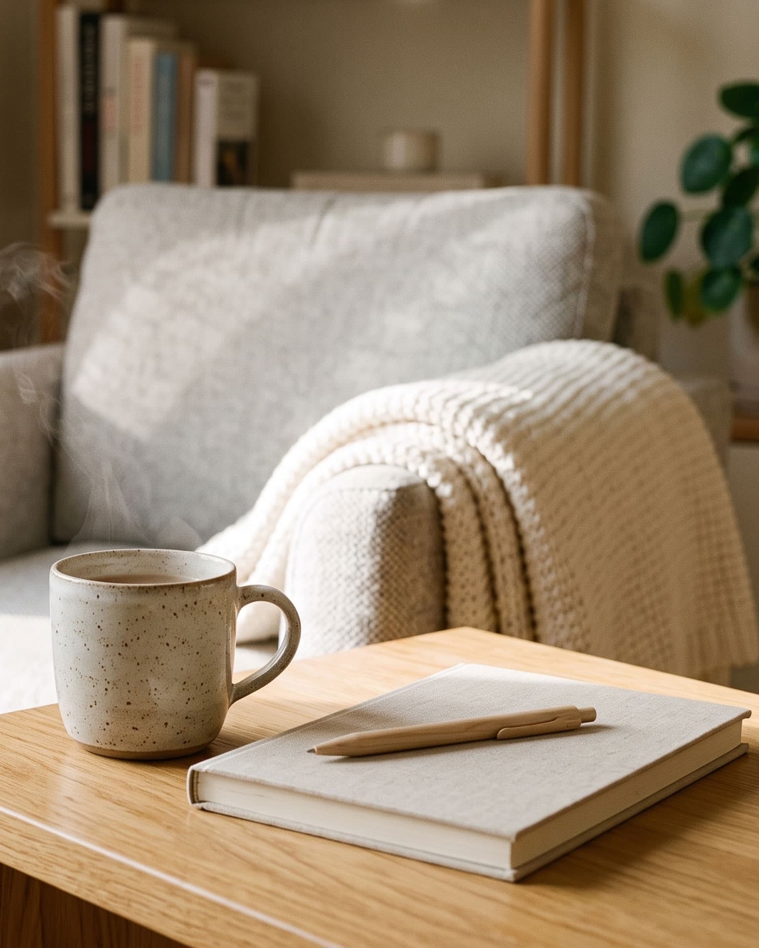 Eine warme Tasse und ein geschlossenes Notizbuch auf einem hellen Holztisch vor einem Sessel – Symbol für Struktur und Ruhe bei den ersten Schritten im Trauerfall mit Kuhn Bestattungen.