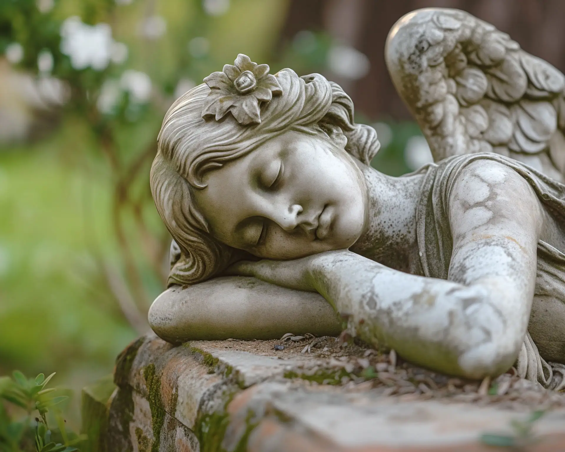 Anonyme Bestattungen - Kuhn Bestattungen Asperg Schlafende Engelstatue auf einem Friedhof, symbolisch für anonyme Bestattungen bei Kuhn Bestattungen in Asperg, Bestatter für Ludwigsburg und Möglingen