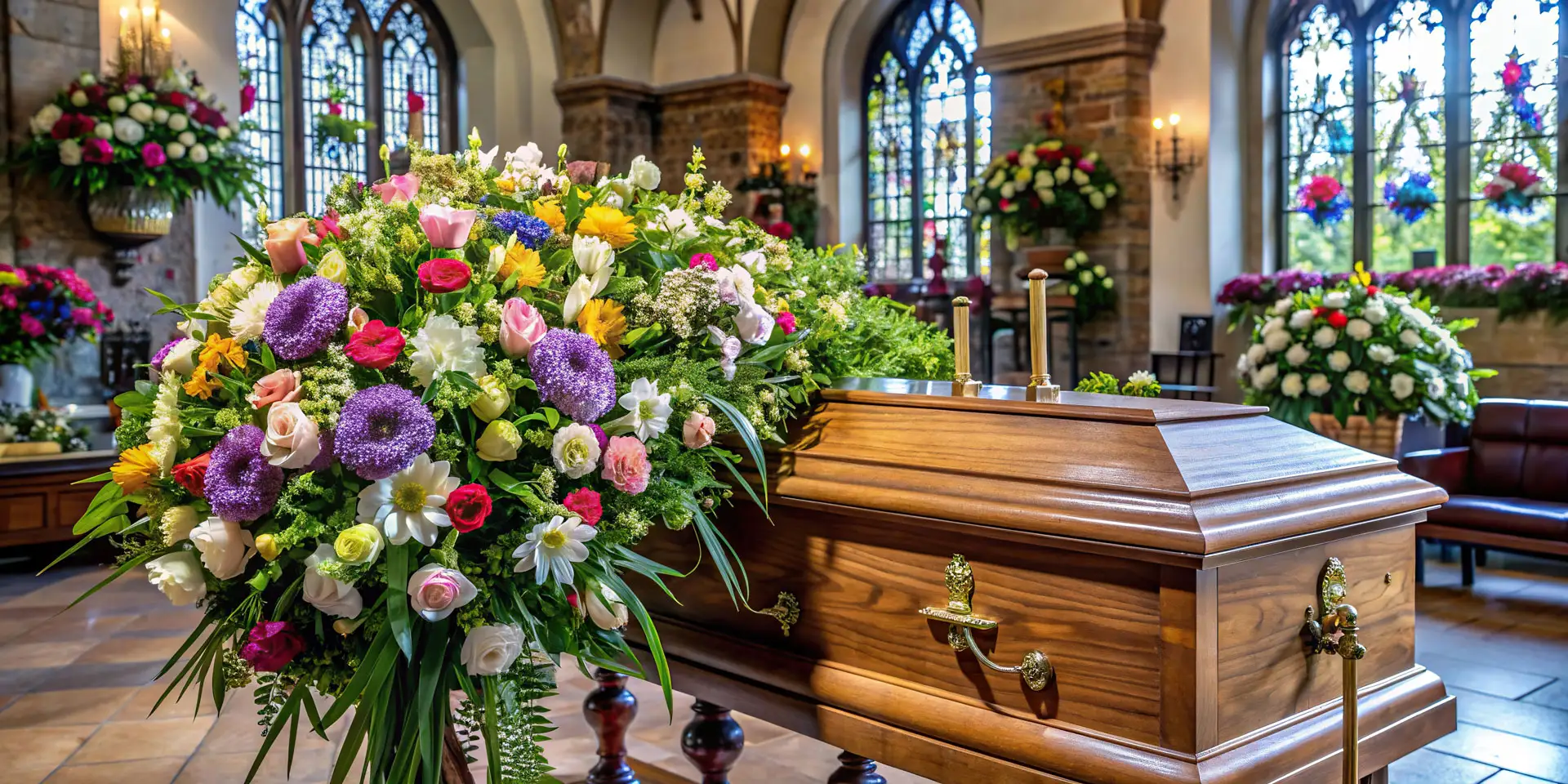 Würdevolle Trauerfeier mit Blumengesteck in Asperg - Kuhn Bestattungen Blumengeschmückter Sarg bei einer Trauerfeier in der Kirche